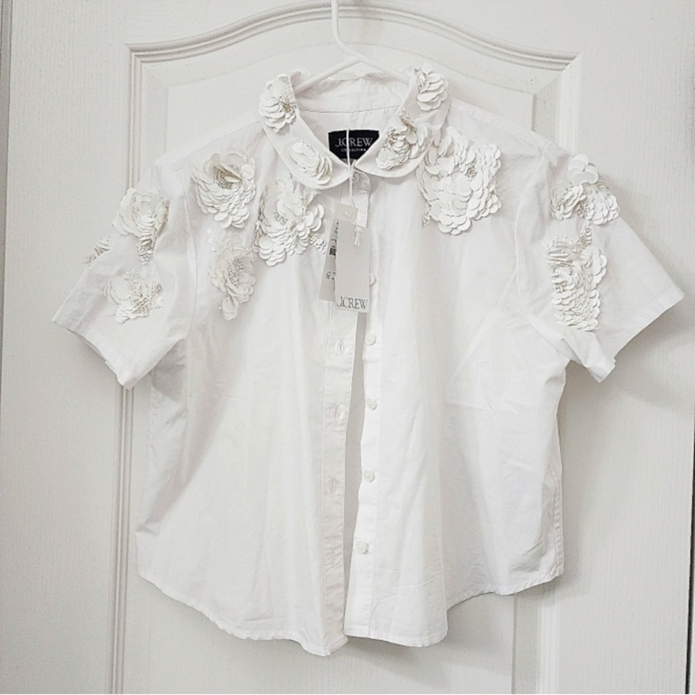 J. Crew White Short-Sleeve Button-Down with 3D Floral Appliqué - Picture 2 of 3